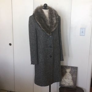 STUDIO by Searle wool tweed single breasted coat with attached raccoon collar